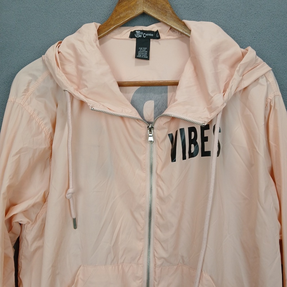 Miss Chievous Windbreaker Jacket Womens Large Pink Spellout Vibes Nylon Full Zip - Picture 2 of 7